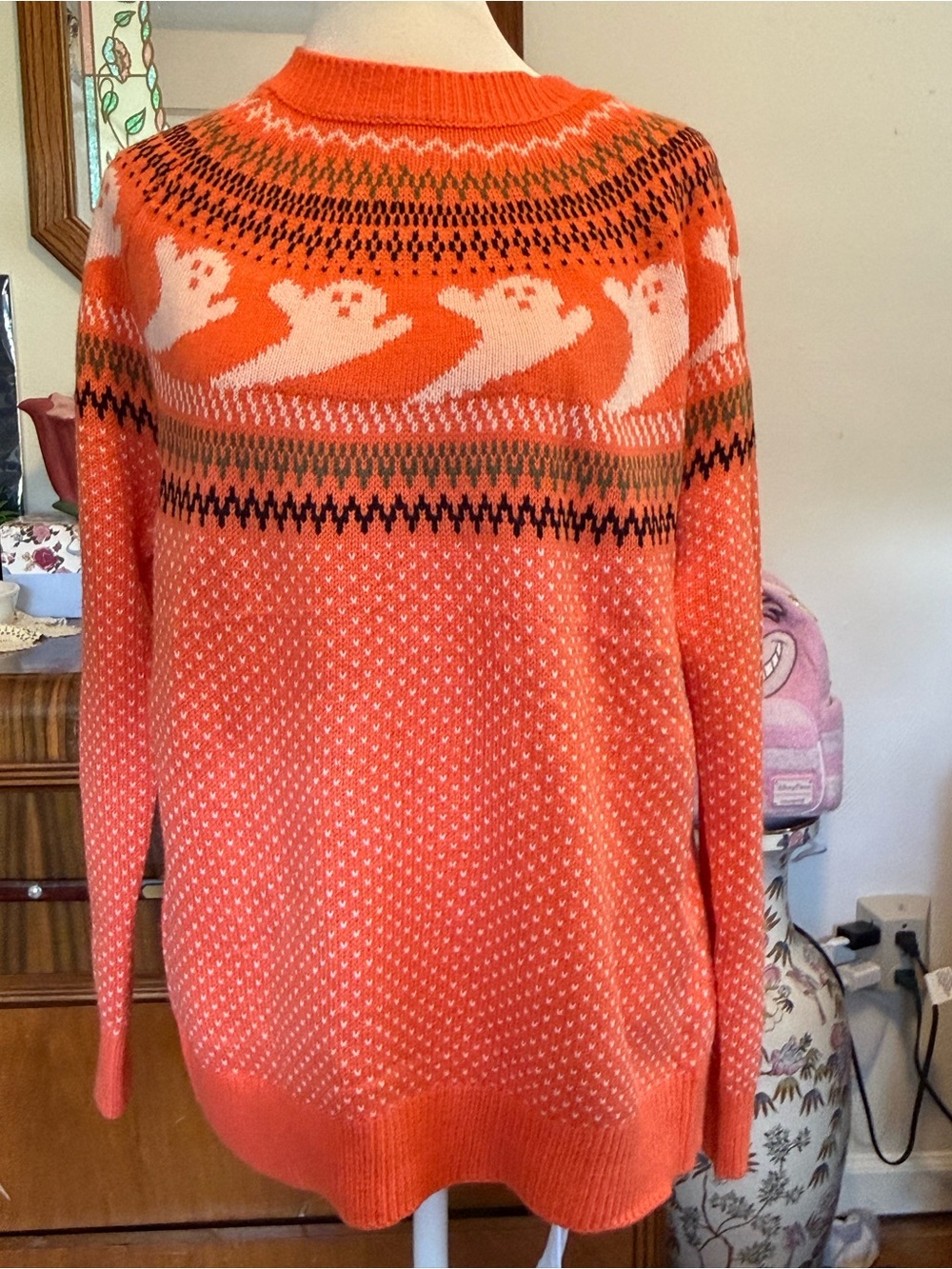 Women's Orange Ghost Fair Isle Crewneck Sweater large miss sparkle